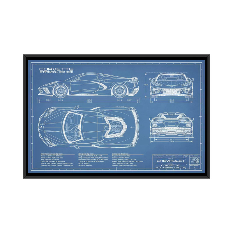 Modèle de Stingray (C8) Corvette-impression de dessin, H 26 po x l 40 po x P 1,5 po, Toile avec cadre noir, Pas de tapis