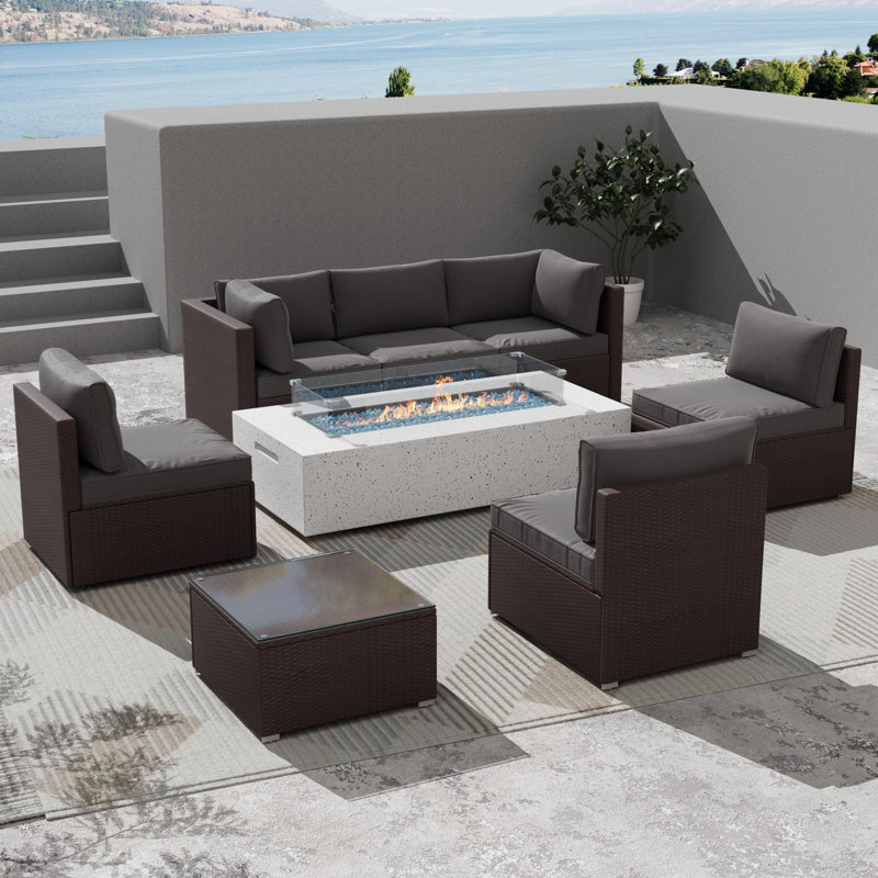 9 Pieces Sofa Sectional Seating Group with Cushions and Fire Pit Table, Gray/Burgundy