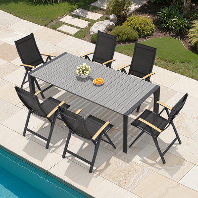 6 - Person Rectangular Aluminum Outdoor Dining Set with Umbrella Hole and Folded Reclining Armchairs