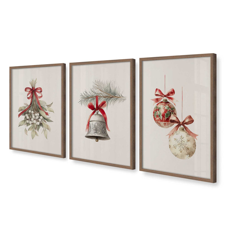 Ensemble de 3 estampes Tinsel & Tidings, H 21,5 po x l 52,5 po, Noyer