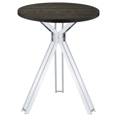 Table bistro ronde de 35 pouces en chêne foncé à hauteur de pub, piédestal et pieds en métal avec base, parfait pour les repas en famille