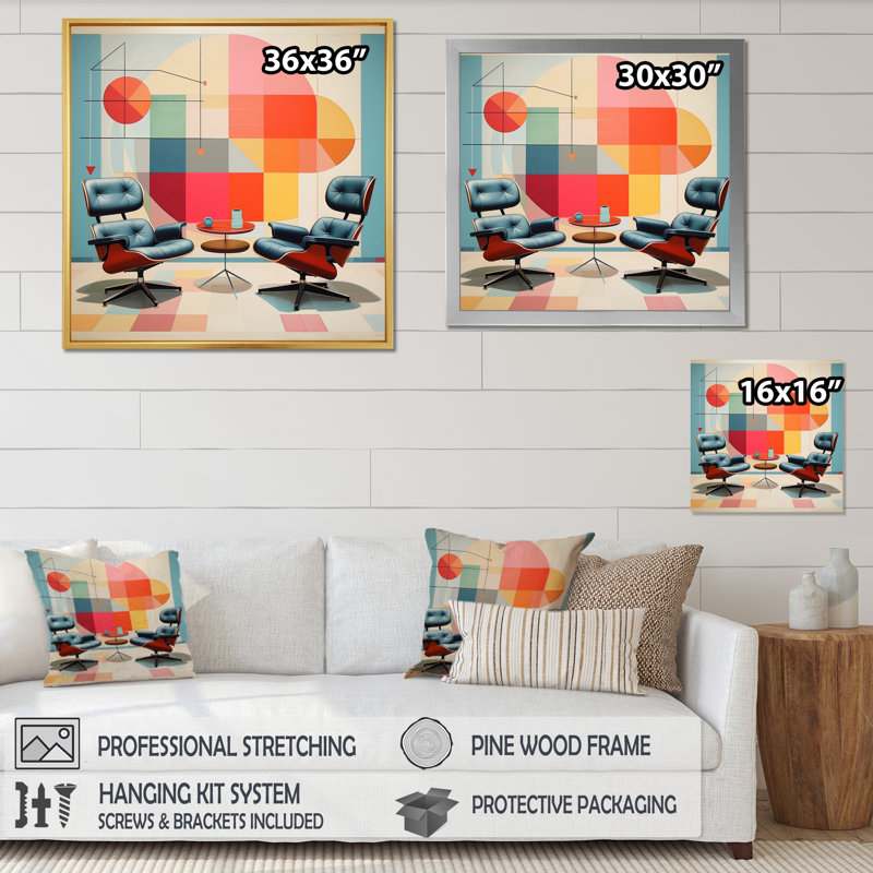 «Mid-Century Eames Delight» coloré - imprimé, H 36 po x l 36 po x P 1,5 po, Encadrement doré