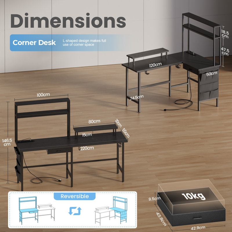 L Shaped Desk with LED Light & Power Outlet, Reversible Corner Gaming Desk with Storage Shelves & Drawer, Computer Table with Monitor Stand for Home Office, Work & Study,L Shape Set 2 Desks & Storage Shelf