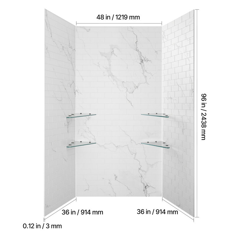 Shower Wall Panels, 48" W x 36" D x 96" H, 0.14" (3.5 mm) Thick, 3-Panel Waterproof SMC Shower Surround Kit, Quick Install and Trimmable Bathroom Tub Wall Panel Surround Kit with 4 Glass Shelves