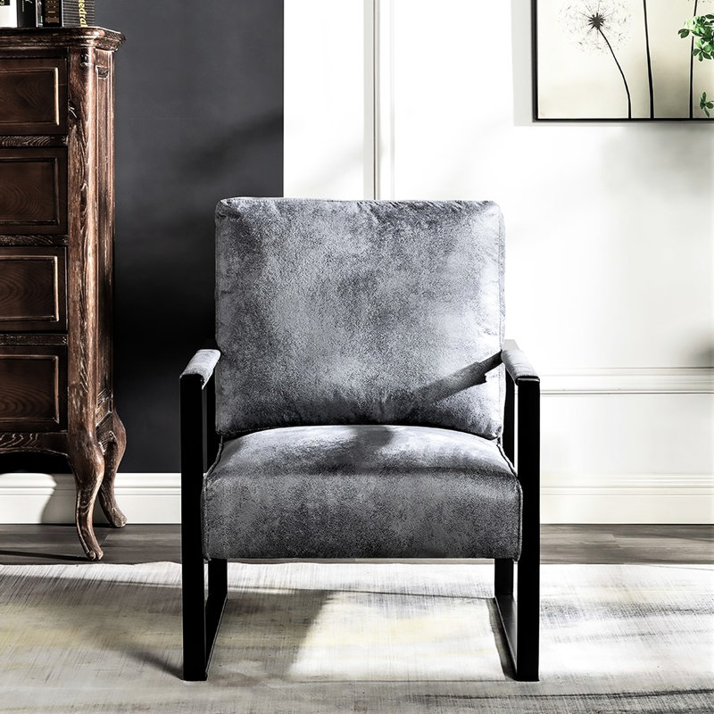 Chaise moderne en microfibre tachetée de style Mid-Century avec carré ouvert et structure, idéale pour la décoration de bureau à domicile Fauteuil gris en microfibre à coussin épais, structure en métal