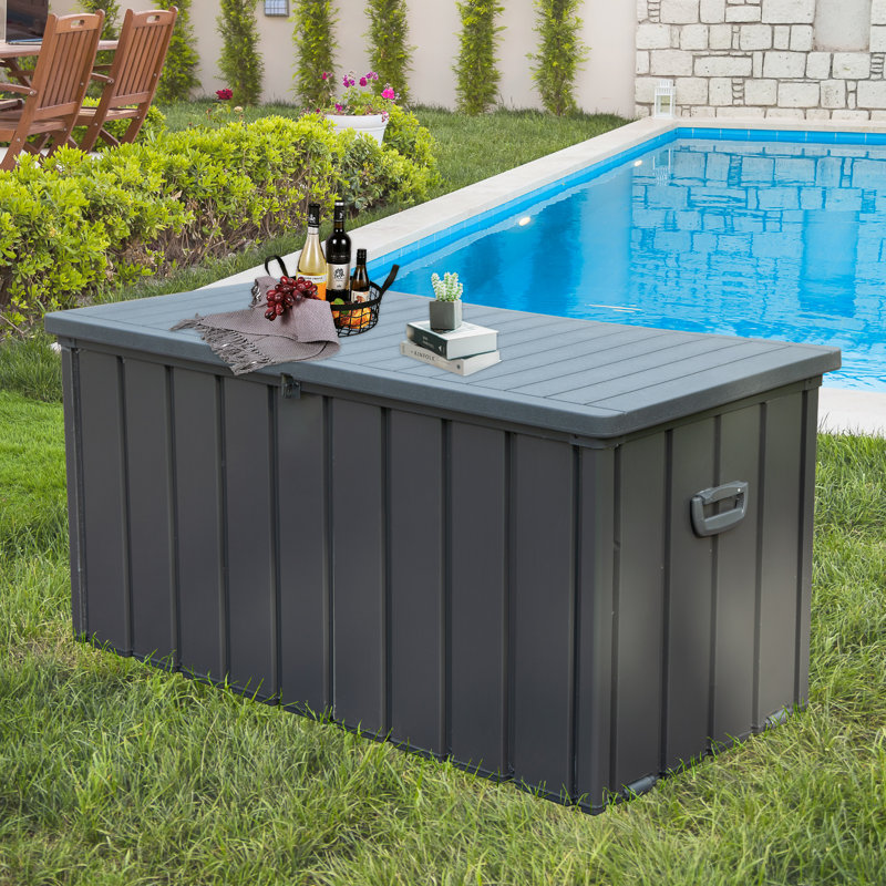 Domi Louvered Deck Box 100 Gallons Water Resistant Lockable with Wheels, 23.43"H x 49.41"W x 24.69"D