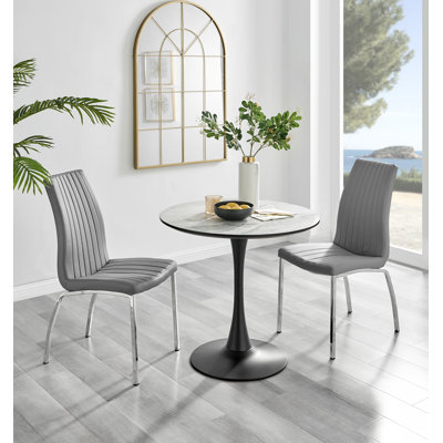 Eubanks White Marble Effect Melamine Round 80cm Dining Table And Chairs - 2 Faux Leather Dining Chairs