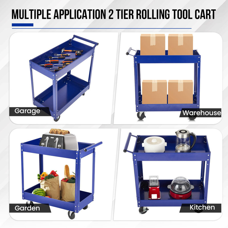 2-Tier Heavy-Duty Metal Utility Cart with Wheels, 330 Lbs Capacity Steel Rolling Tool Storage Organizer for Garage, Workshop, Warehouse and Repair Shop