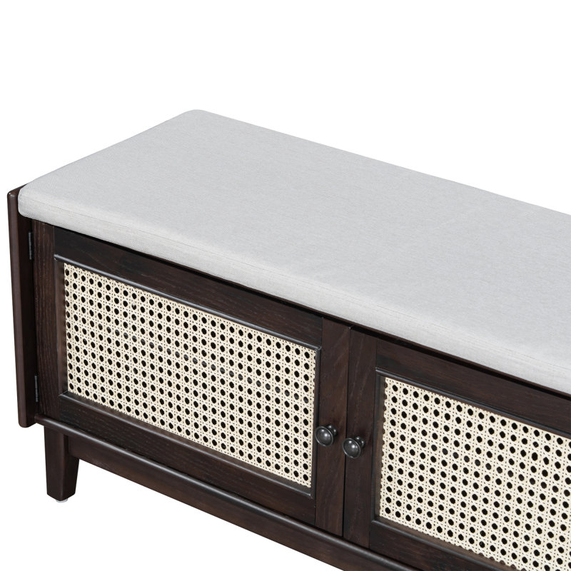 TREXM Boho Rattan Entryway Bench With Storage, Cushioned Shoe Bench With Double Doors, Wooden Shoe Organizer Bench For Entryway And Hallway (Espresso+Beige )
