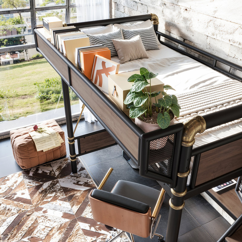 Lit mezzanine en métal avec bureau intégré ApexLoft, Très grand simple, Noir et noyer