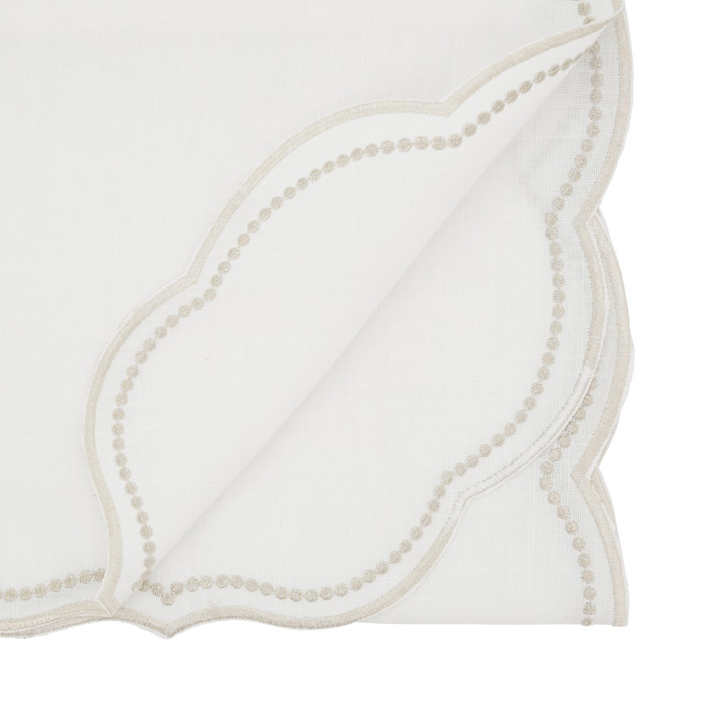 Embroidered Polka Dot Table Runner w/ Scallop Edge, White/Champagne