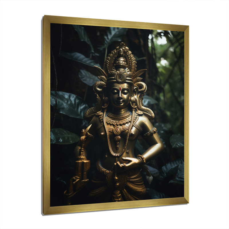 "Statue de dieu doré dans la jungle", reproduction sur toile, Cadre doré simple, H 40 po x l 30 po x P 1,5 po