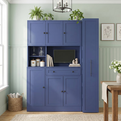 Armoire de rangement 52 po x 17,7 x 70 po pour garde-manger de cuisine traditionnelle autoportante, buffet en bois aggloméré bleu avec rehausse, grande armoire avec armoire latérale coulissante, tablettes de porte et tiroir pour la salle à manger et le salon