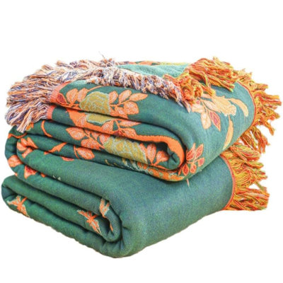 100% Cotton Reversible Quilt Throw Blanket Soft Breathable Boho Farmhouse Vintage Blanket for Couch Sofa & Bed Decorative