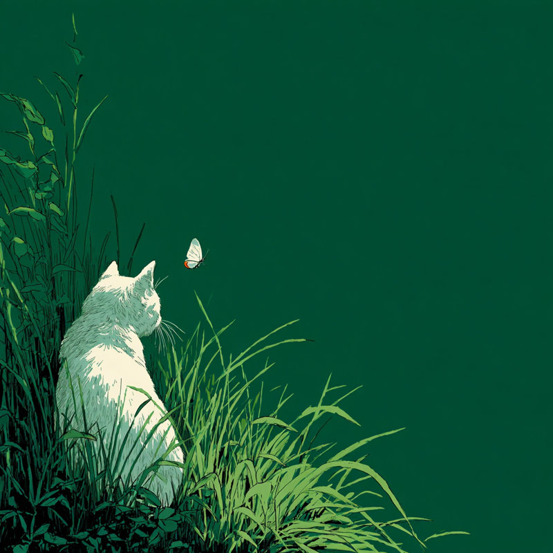 Chat et papillon dans un pré IV, art mural sur toile, H 20 po x l 20 po