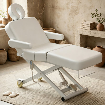 White Fully Electric Massage Table with Face Cradle, Customized Angle Adjustable and Electric Lift 3 Motor, Heavy Duty Frame with Wheels
