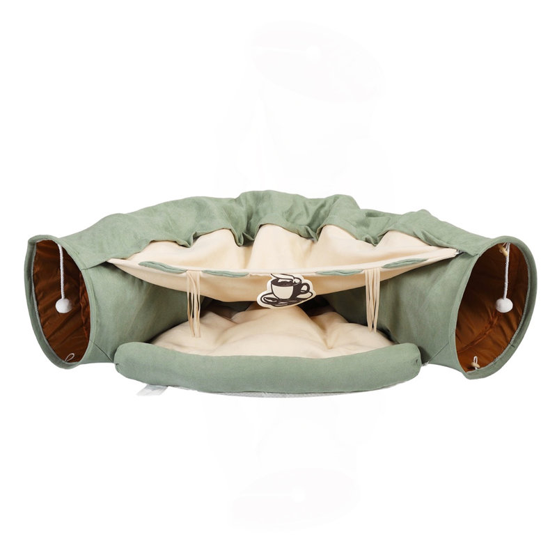 Tunnel télescopique pour chat avec lit coussiné et boules de taquineries, vert vif, pour jouer et se reposer