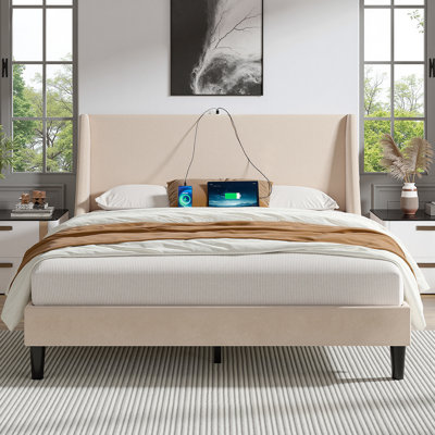 Queen Size Linen Bed Frame with Wingback Headboard, Upholstered Wing Side Queen Platform Bed with Wooden Slats Support, USB Ports, No Box Spring Needed, Noise Free