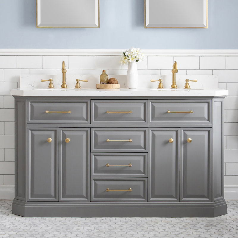 Ensemble de meuble-lavabo double 60 po Bruning Quartz, Gris cachemire, Laiton satiné