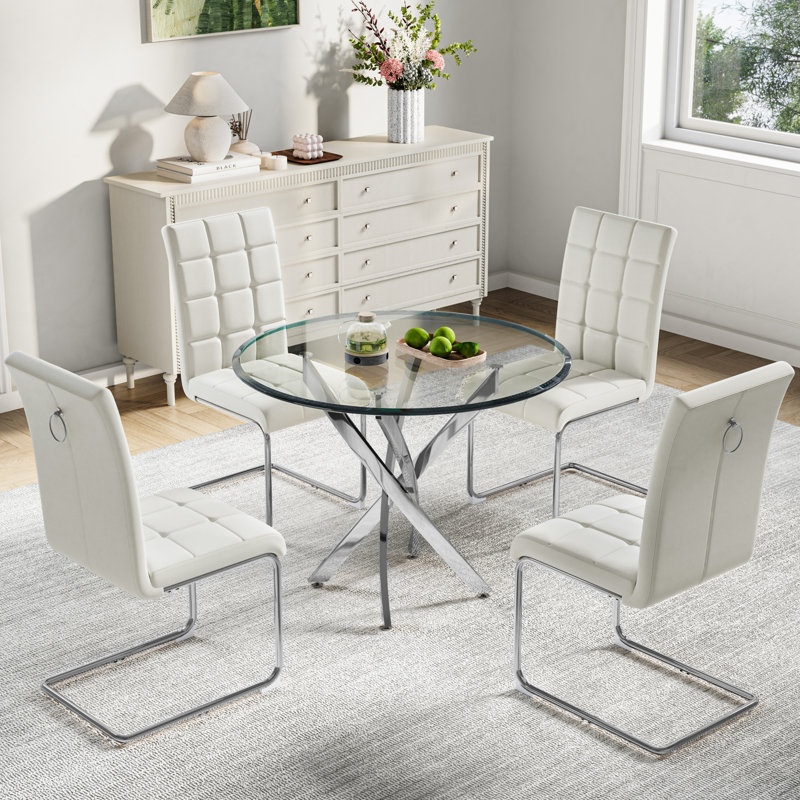 36" Round Glass Dining Table Set For 4,Modern Tempered Glass Tabletop With 4 PU Chairs For Kitchen Dining Room, Silver