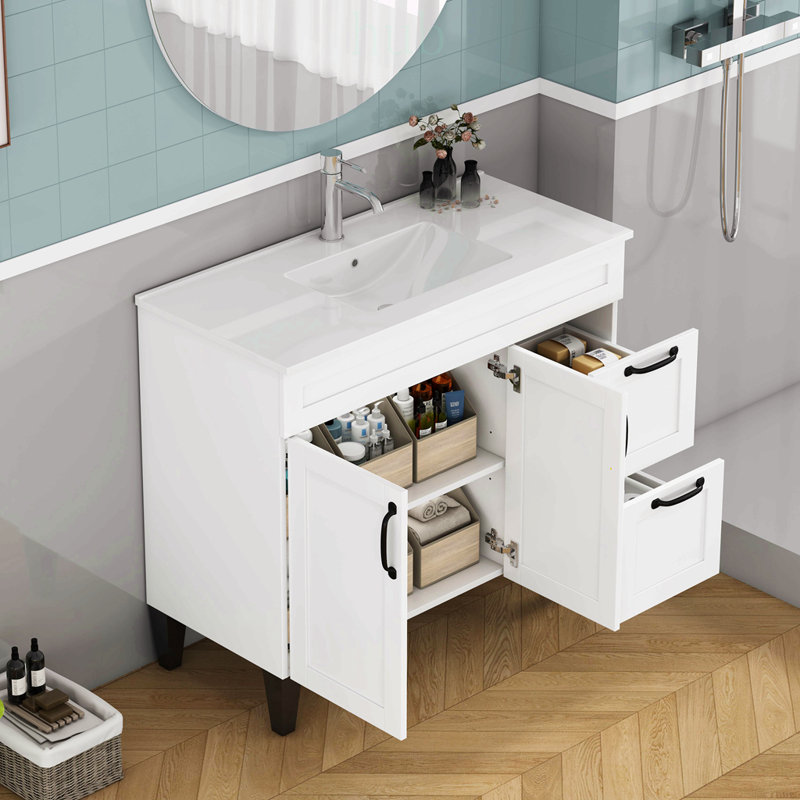 Meuble-lavabo de 100 cm (39,4 pouces) avec lavabo, 2 portes, 2 tiroirs, charnières à fermeture amortie, design moderne, montage facile et construction durable.