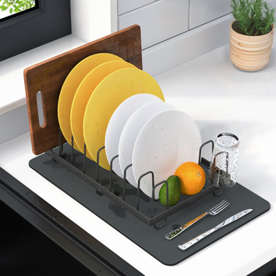 RicheMake Dish Drying Mat and Rack Set, Quick Dry Diatomaceous Earth Mat with Stainless Steel Dish Rack, Organizer for Apartment, RV - Compact, Grey