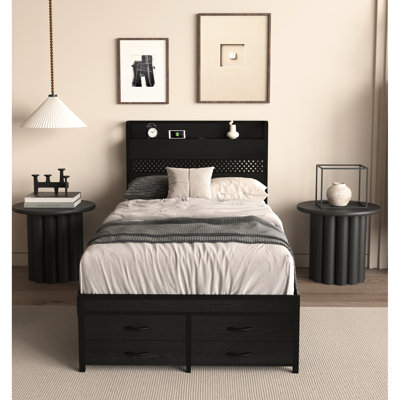 Twin Bed With Stable Metal Frame And Storage Compartments - 16 Led Effects Black Robust Construction Sound Sleep