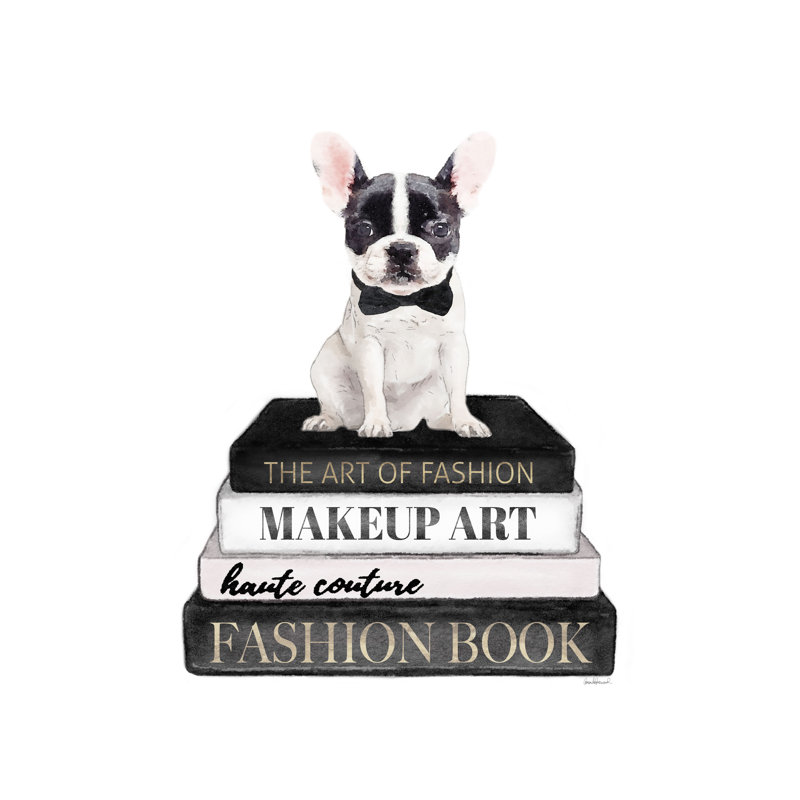 B&W Frenchie Bookstack - Wrapped Canvas Art Prints, 91cm H x 61cm W
