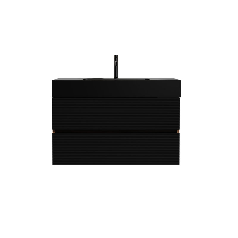 Meuble-lavabo mural Mid-Century moderne noir et noyer