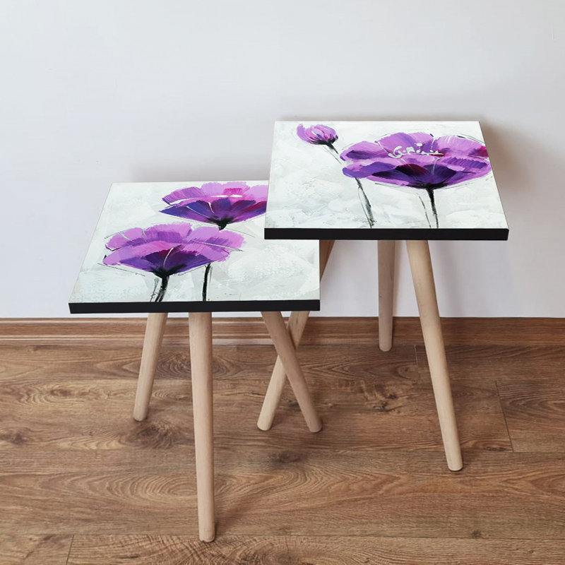 Élégantes tables gigognes impressionnistes (2 pièces), rose et mauve avec accents noirs et blancs, 13,8 po x 18,5 po x 13,8 po et 13,8 po x 16,5 po x 13,8 po | 100% panneau de fibres à densité moyenne avec pieds en bois de hêtre, motif floral moderne pour la maison et le bureau