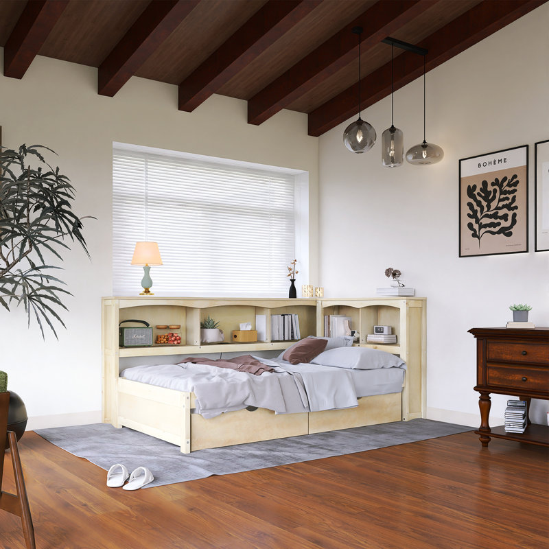 Twin Size Woode Daybed With Storage Drawers, Built-In Cabinets, Yellow