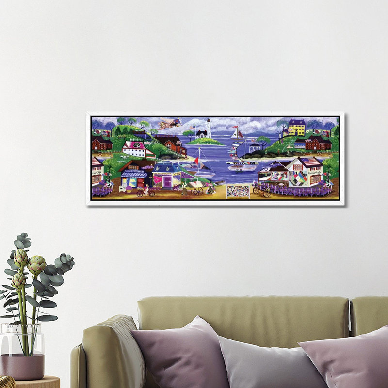 Primitive American Angel And Crazy Quilt Seaside Village by Cheryl Bartley - Panoramic Painting on Canvas, White Framed