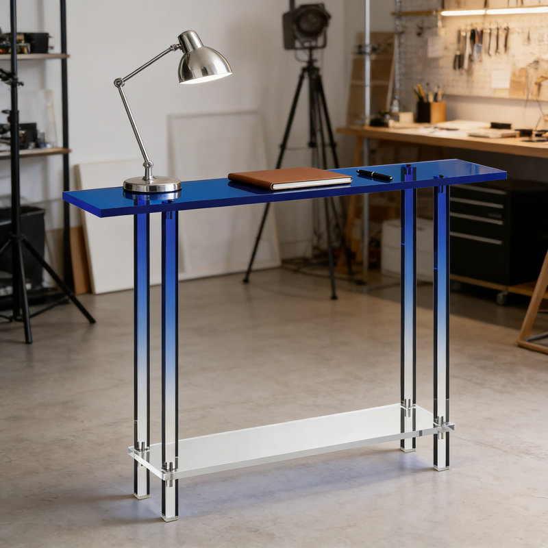 Modern Narrow Console Table With Gradient Blue Legs, Clear Acrylic 2-Tier Entryway Table For Hallway, Foyer, And Living Room, Space-Saving Slim Design