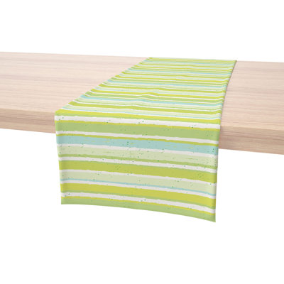 Table Runner, 100% Cotton, 16X108", Green Stripes & Ink Splatter