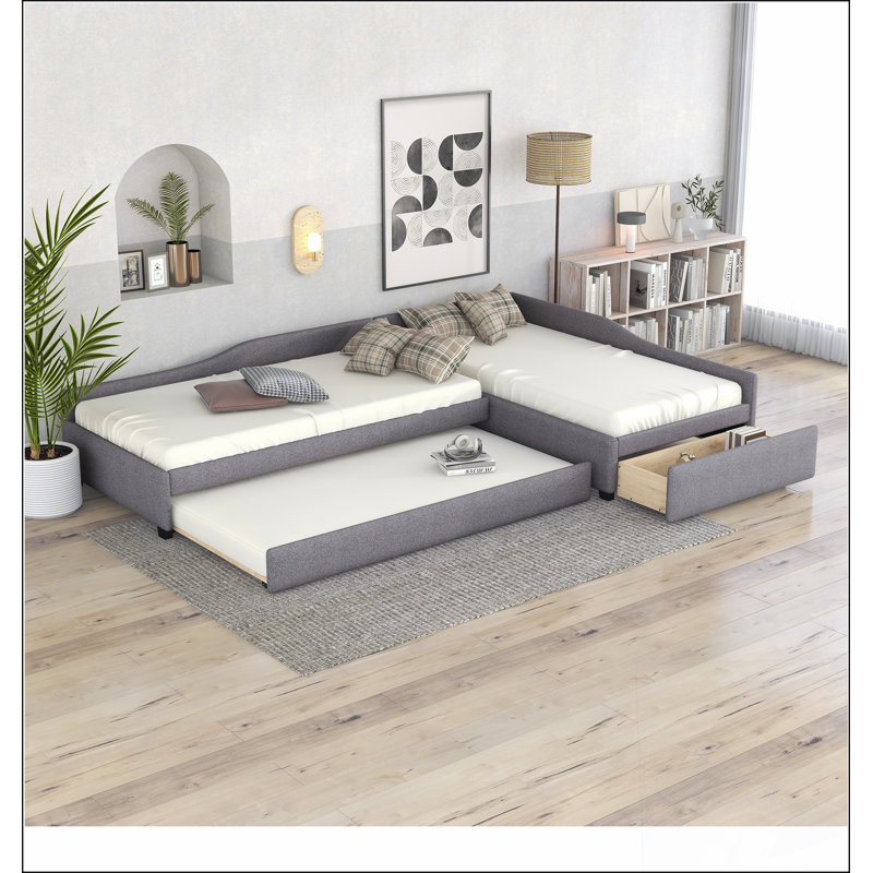 Upholstered Double Daybed With Trundle And Drawer, Grey