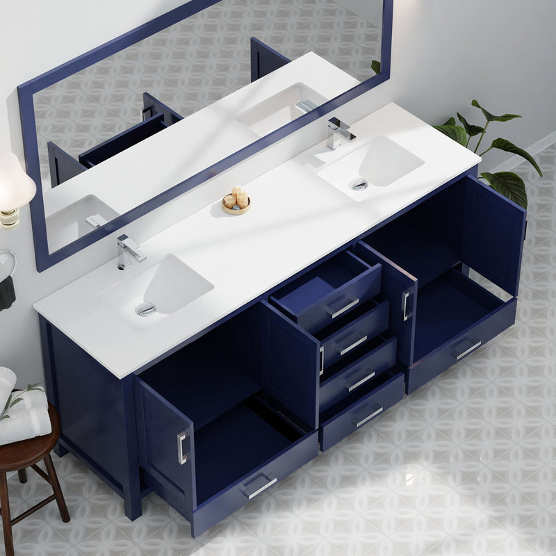 Meuble-lavabo 80 po x 22 po bleu marine avec surface en quartz rayé, miroirs de 30 po et beaucoup d’espace pour les accessoires de salle de bain Double-P, plateau blanc, rangement volumineux
