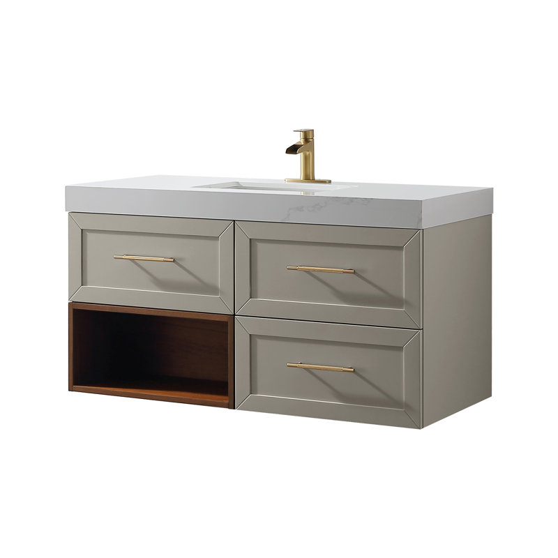 48" Wall Mounted Single Bathroom Vanity with Quartz Top, Gray