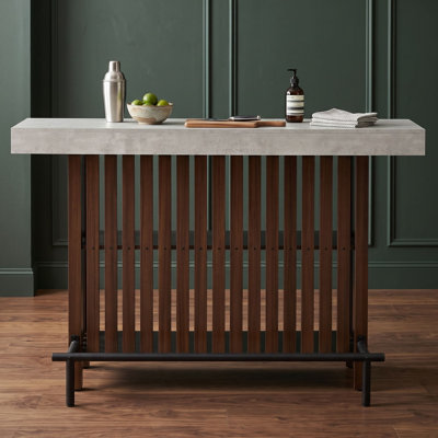Modern Counter Height Sideboard with Open Storage Shelves, Marble-Style Top and Slatted Panel Design