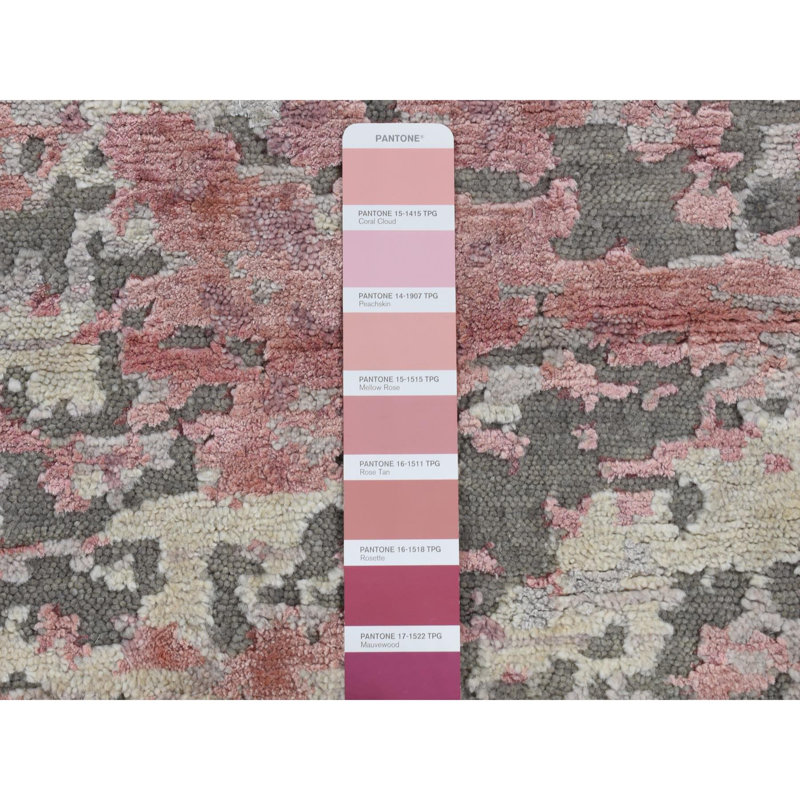 Tapis noué à la main 3 pi x 4 pi 9 po rose en laine et en soie à motif abstrait A140954D907142EB8992EE96729CBD02