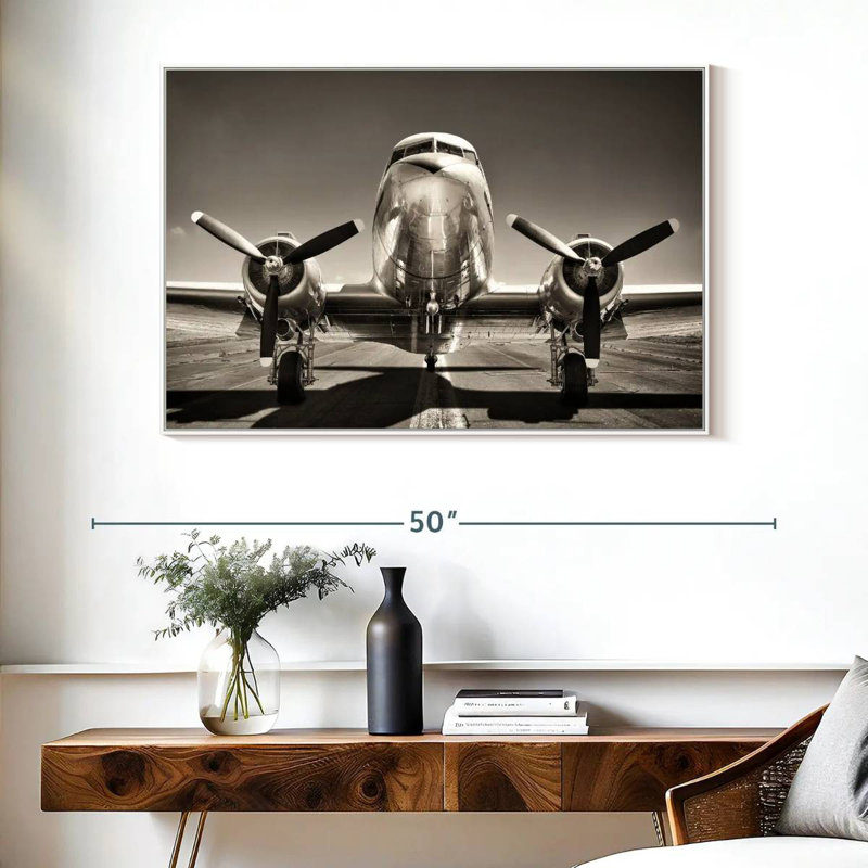 Avion rétro noir et blanc, Cadre flottant blanc, 40 po x 27 po