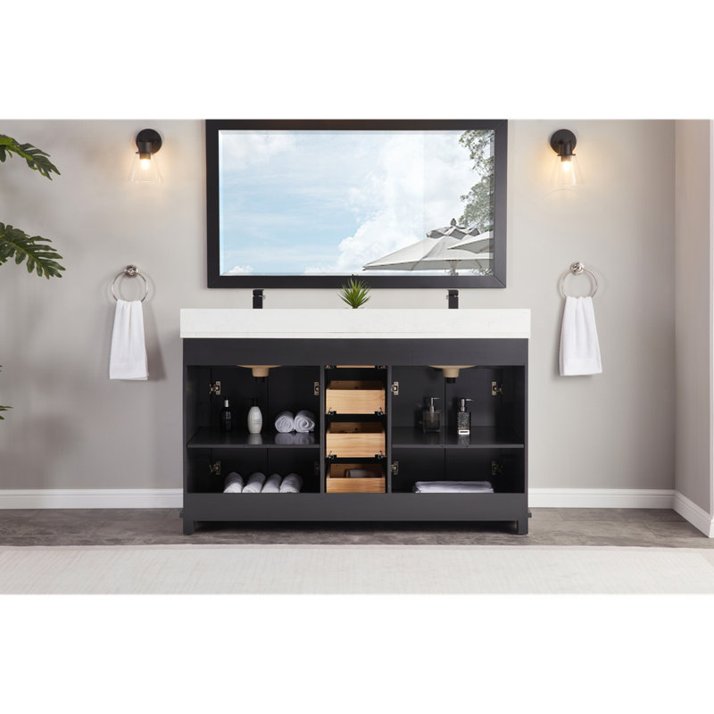 60" Solid Wood Sink Vanity  With 1' Artificial Stone Top, Tricorn Black