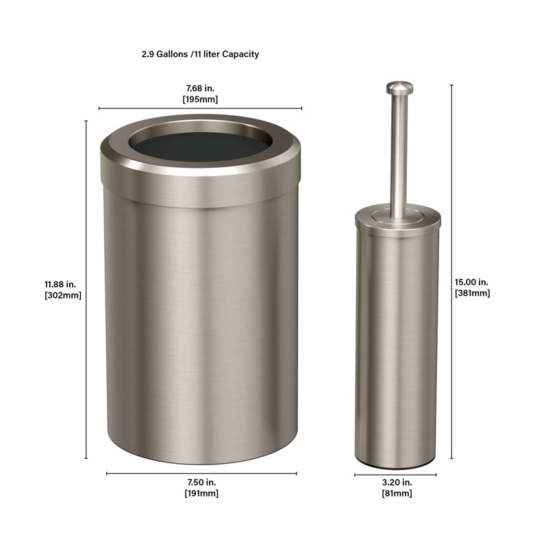 Round Wastebasket/Toilet Brush Holder Bundle, Satin Nickel