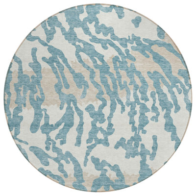 8' Teal Blue Beige And Ivory Round Animal Print Washable Indoor Outdoor Area Rug
