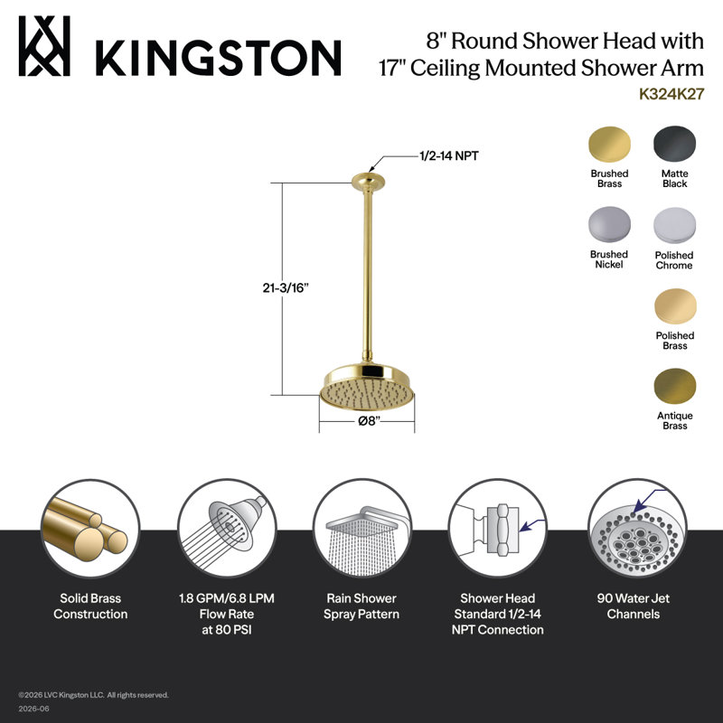 Kingston Brass Trimscape 8-Inch Round Brass Shower Head with 17-Inch Ceiling Mounted Shower Arm, Polished Brass