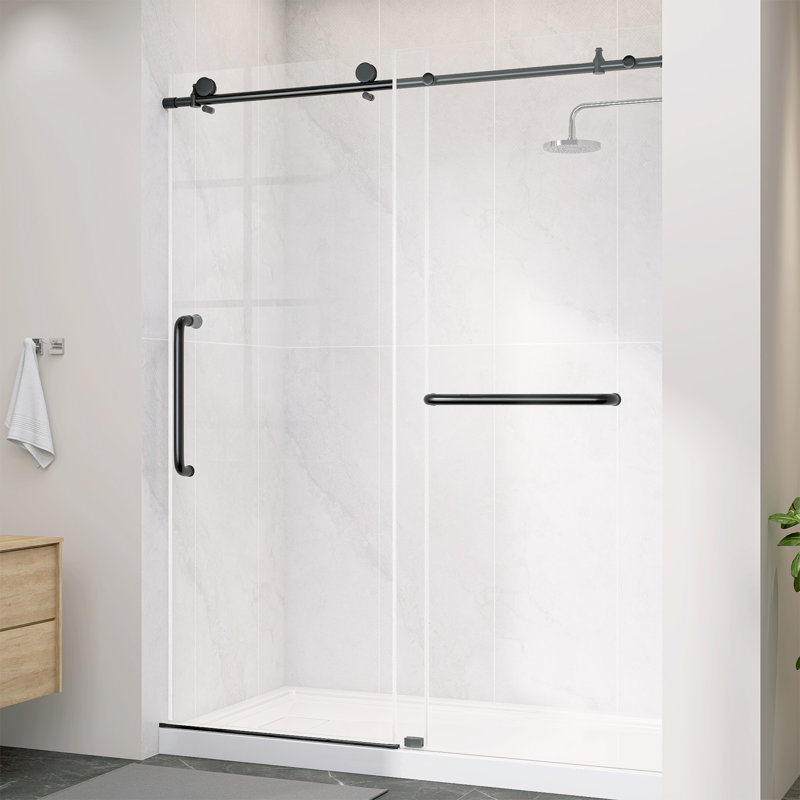 56" - 60" W X 75'' H Single Sliding Frameless Shower Door Matte Black Bypass Bathroom Door Alcove Bath Shower Door with Clear Tempered Glass