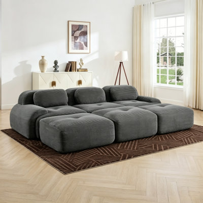 Three-seat modular sofa with 3 Ottomans corduroy fabric no assembly pet-friendly ultra-wide curved armrests 32D high-resilience sponge living rooms me