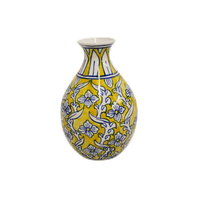 Home&Manor Ceramic Bottle Vase Yellow, Yellow/Blue/White