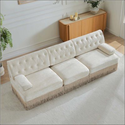 3-Seater Pet-friendly,Velvet Fabric,Floor-grazing Tassel Fringe Skirt,Button Tufted Design,Premium Wooden Base,Ergonomic design,Free Combination,For L
