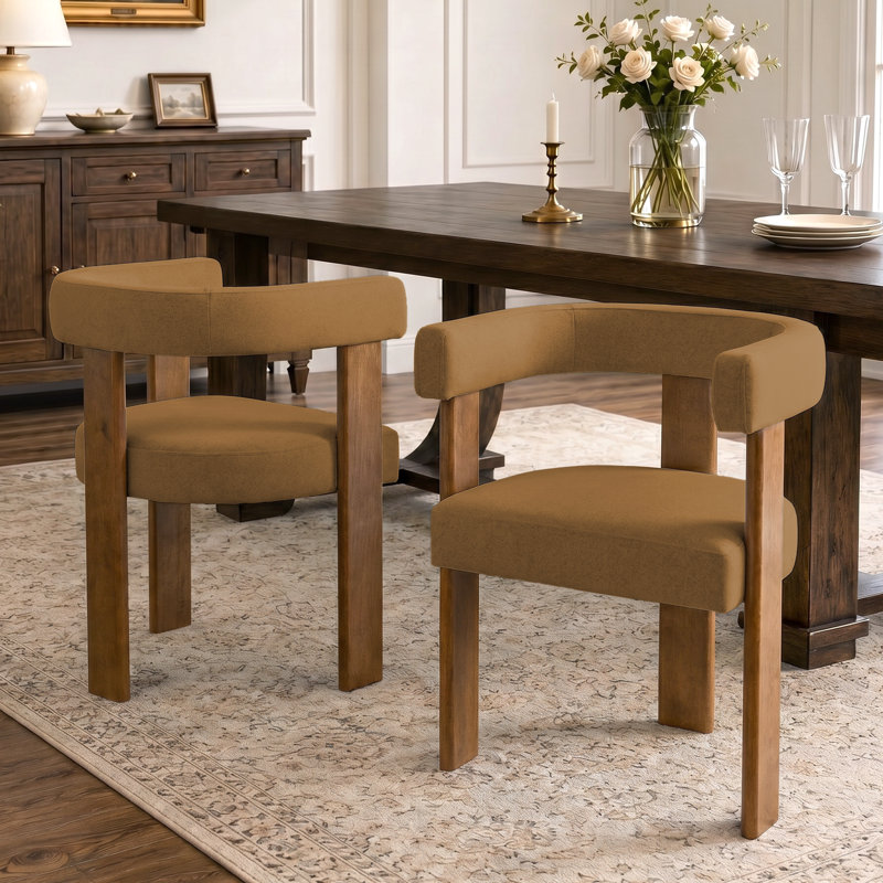 Chaise de salle à manger cylindrique en chenille de style milieu du siècle avec structure en noyer (lot de 2), Orange, 2