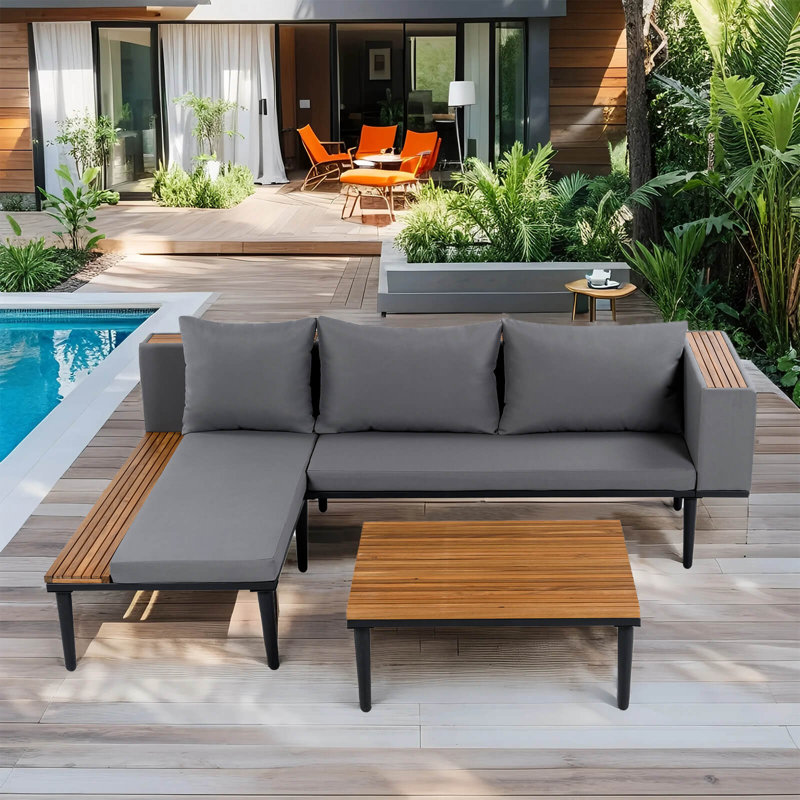 Acacia Wood Patio Furniture Set - L-Shaped Outdoor Sectional Sofa with Removable Cushions, Coffee Table & Side Table, Water-Resistant Conversation Set for Backyard, Porch, Poolside